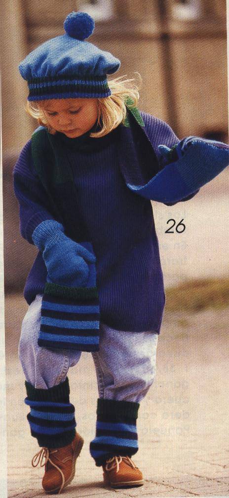 Conjunto infantil de lana para el frío :: Gorro, bufanda, manoplas polainas tejidas dos agujas para niños